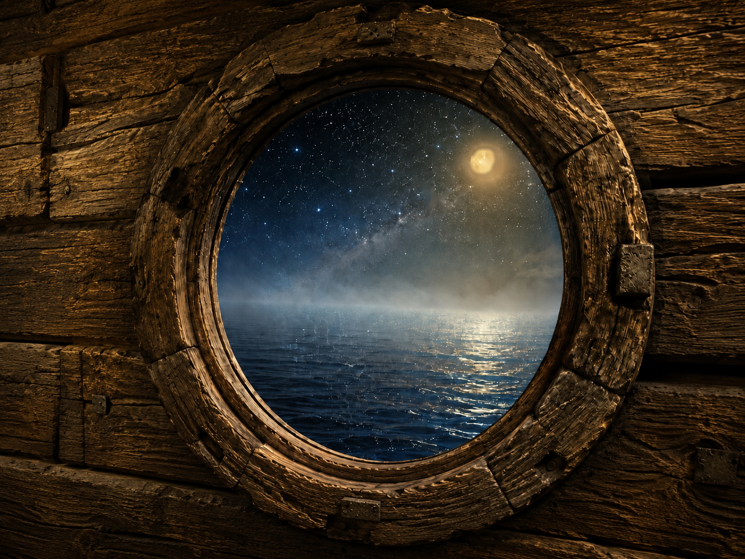 Blick durch eine hölzerne Luke auf Mond, Meer, Sterne und Dunst am Horizont